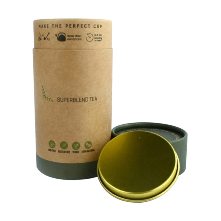 Tubo di carta da tè in foglia di artigianato ecologico personalizzato con coperchio in metallo