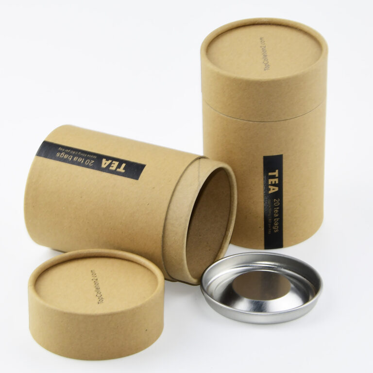 Confezione di tubi di carta da tè Kraft di fascia alta con banda stagnata in metallo